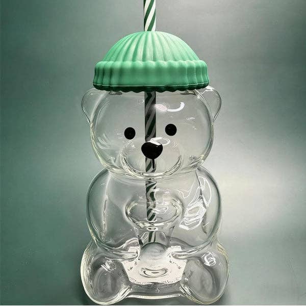 Teddy Bear Shaped 20oz Glass Tumbler w/ Hat Top & Straw